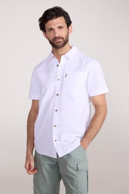 'Coconut Slub Texture' Men's Short Sleeve Shirt 100% Cotton Zip Chest Pocket Everyday Wear Top White