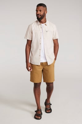 'Coconut Slub Texture' Men's Short Sleeve Shirt 100% Cotton Zip Chest Pocket Everyday Wear Top Beige