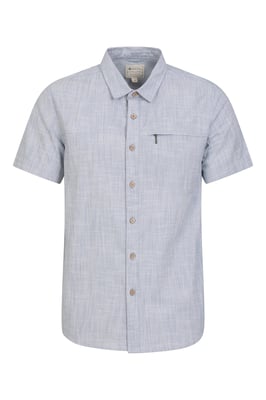 'Coconut Slub Texture' Men's Short Sleeve Shirt 100% Cotton Zip Chest Pocket Everyday Wear Top Blue