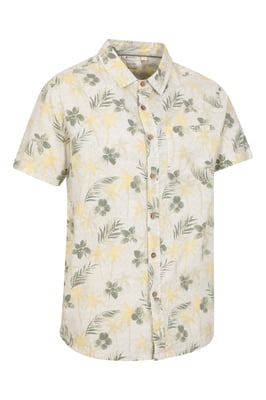 Tropical Printed Men's Short Sleeve Shirt 100% Cotton Chest Pocket Holiday Top Pale Green
