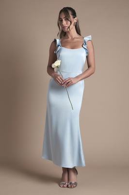 Ruffle Square Neck Satin Bridesmaid Midi Dress