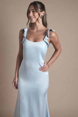 Ruffle Square Neck Satin Bridesmaid Midi Dress