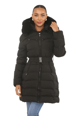 Jess Women’s Mid-Length Coat with Faux Fur Hood & Zip Pockets