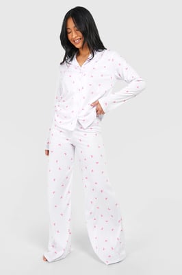 Petite Bow Print Long Sleeve Shirt & Trousers Pyjama Set