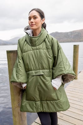 Wearable Padded Blanket with Adjustable Hood Warm Outdoors Camping Hoodie Khaki