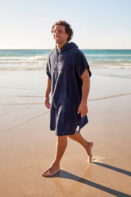 'Jacob' Men's Towelling Poncho Cotton Quick Dry Adjustable Hood Changing Robe Dark Blue