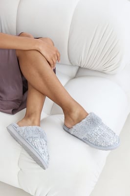 Wheres That From Womens 'Celeste' Sequin Tweed Mule Slippers With Faux Fur Trim