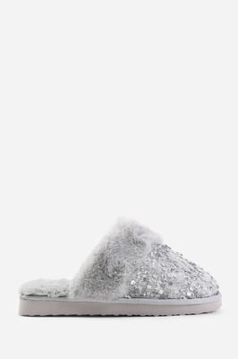 Wheres That From Womens 'Celeste' Sequin Tweed Mule Slippers With Faux Fur Trim