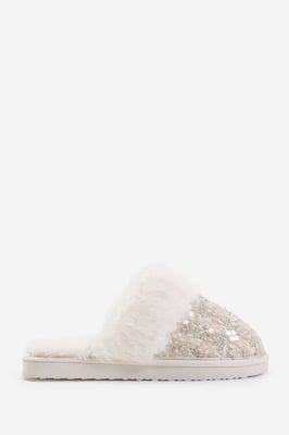 Wheres That From Womens 'Celeste' Sequin Tweed Mule Slippers With Faux Fur Trim