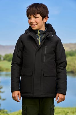 'Noah' Kids Borg Lined Jacket Ripstop Fabric Waterproof Comfy Coat Black