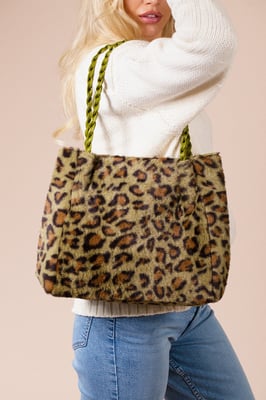 Faux Fur Shoulder Bag In Olive Leopard