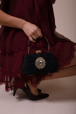 Ruched Jewel Clutch Bag In Black
