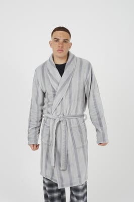 Grey Striped Long Length Sherpa Dressing Gown