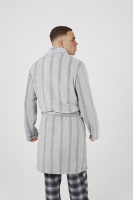 Grey Striped Long Length Sherpa Dressing Gown