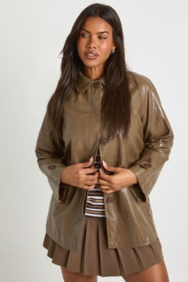 Short Collared Faux Leather Trench Coat