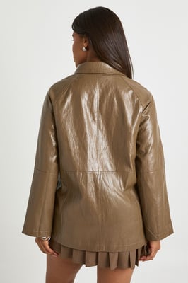 Short Collared Faux Leather Trench Coat