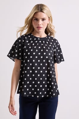 Printed Gathered Neckline Angel Sleeve Blouse
