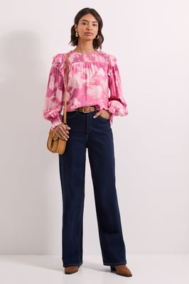 Pink Floral Shirred Yoke Frill Detail Top