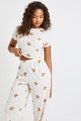 Pointelle Bear Print Baby Tee and Wide Leg Trouser Pyjama Set