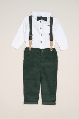 Corduroy Bow Tie Mock Shirt, and Trousers with Braces Outfit Set