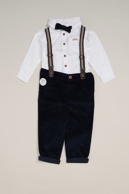 Corduroy Bow Tie Mock Shirt, and Trousers with Braces Outfit Set