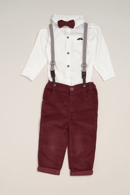 Corduroy Bow Tie Mock Shirt, and Trousers with Braces Outfit Set