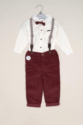 Corduroy Bow Tie Mock Shirt, and Trousers with Braces Outfit Set