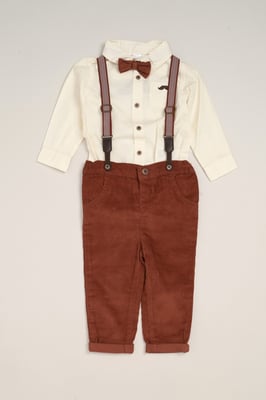 Corduroy Bow Tie Mock Shirt, and Trousers with Braces Outfit Set