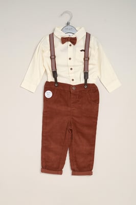 Corduroy Bow Tie Mock Shirt, and Trousers with Braces Outfit Set