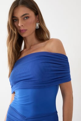 Off Shoulder Mesh Overlay Maxi Dress