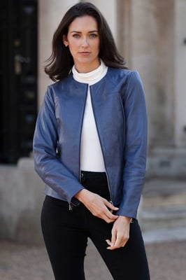 'Francesca' Collarless Real Leather Fashion Jacket