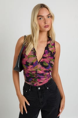Floral Printed Mesh Ruched Neckline Bodysuit