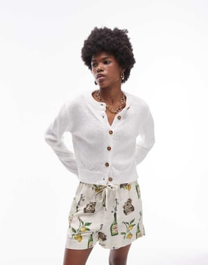 Topshop – Elfenbensvit stickad kofta med textur och rund hals