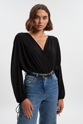 Stretch Drapey Crepe Ruched Plunge Neck Batwing Sleeve Bodysuit