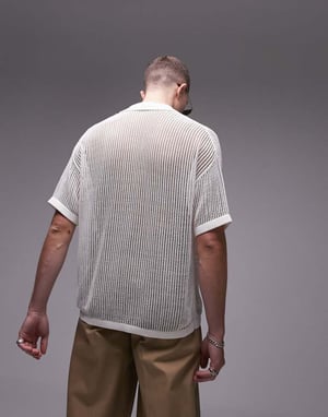 Topman – Öppen stickad skjorta med tryck framtill i ecru