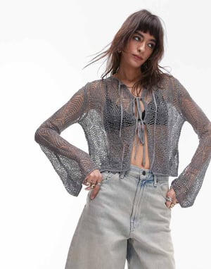 Topshop – Antracitgrå stickad kofta med knytband framtill