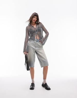 Topshop – Antracitgrå stickad kofta med knytband framtill
