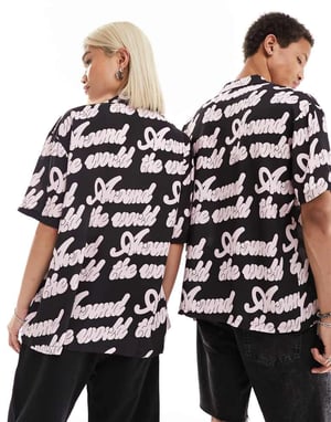Dr Denim – Unisex – Madi – Svart skjorta med resortkrage och avslappnad passform och heltäckande tryck
