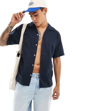 Jack & Jones – Marinblå linneskjorta med reverskrage