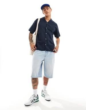 Jack & Jones – Marinblå linneskjorta med reverskrage