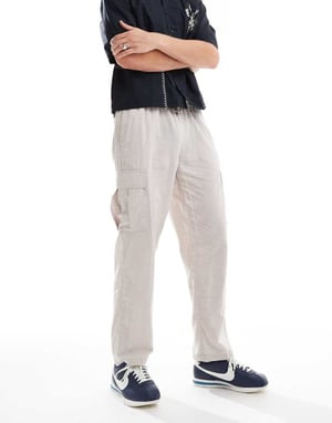 Jack & Jones – Beige avsmalnande linnebyxor med cargofickor