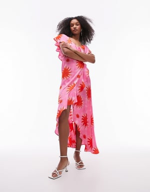 Topshop – Rosa och röd maxiklänning med volangmönster och omlottmönster