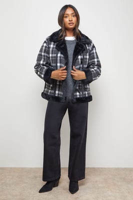 Shearling Trim Check Coat
