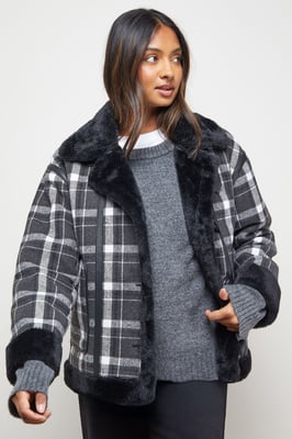 Shearling Trim Check Coat