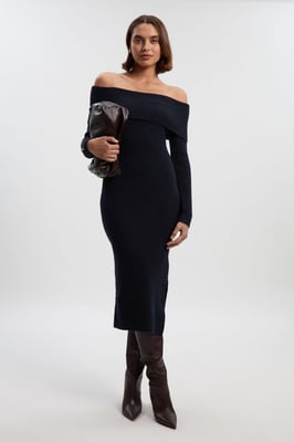 Wool Blend Cosy Bardot Knit Midi Dress