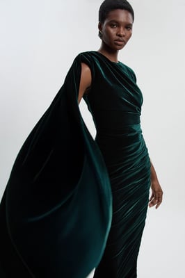 Stretch Velvet Crew Neck Cape Shoulder Maxi Dress