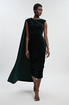 Stretch Velvet Crew Neck Cape Shoulder Maxi Dress
