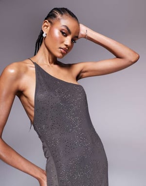 ASOS DESIGN – Mörkgrön maxiklänning med konstverk och snabbkorrigering, enaxlad passform och öppen rygg