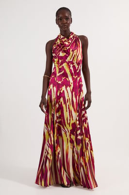 Viscose Satin Border Print Halter Neck Woven Maxi Dress