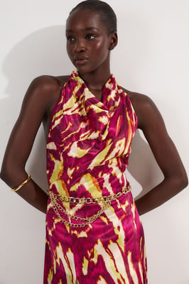 Viscose Satin Border Print Halter Neck Woven Maxi Dress